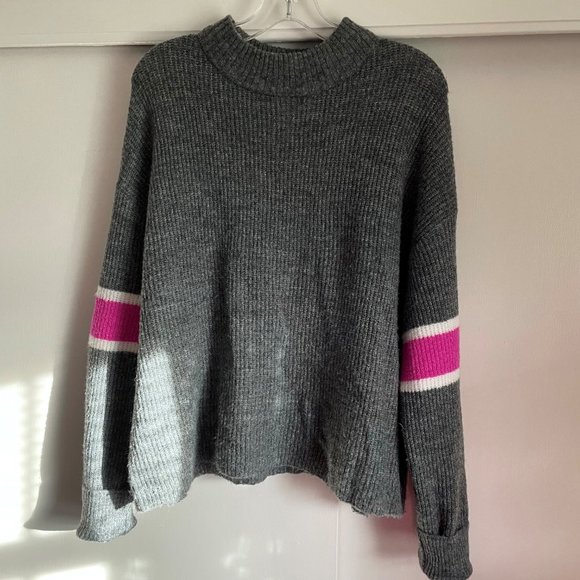 Anthropologie Gray Crewneck Sweater with Pink Sleeve Stripes - Picture 3 of 11